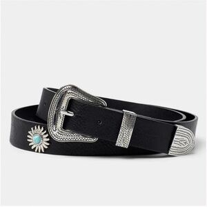 Floral metal medallion and blue turquoise stone faux leather western belt NWT